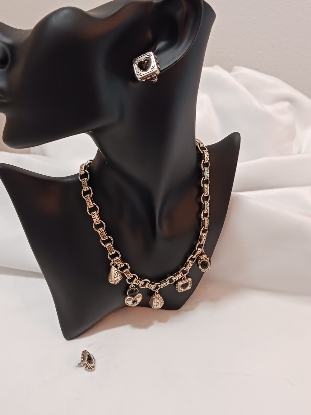 Brighton Silver Charm Link Necklace with Matching Silver Stud